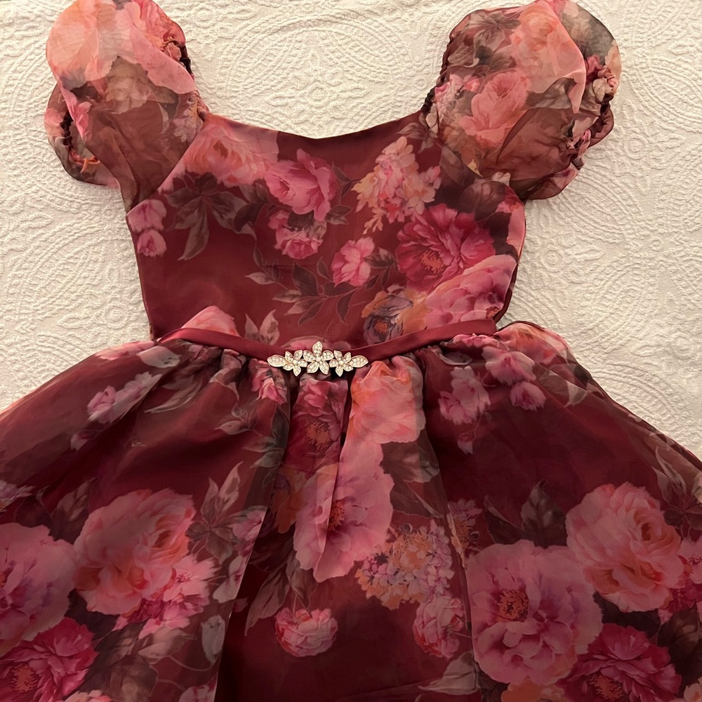 Girls Rare Editions Floral Burgundy Pink Party Dress with Puff Sleeves